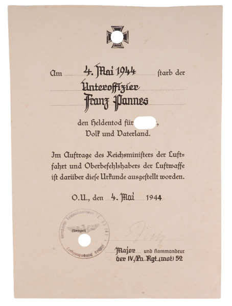 Heldentod- Urkunde Luftwaffe Pannes Ln.Rgt.(mot))52