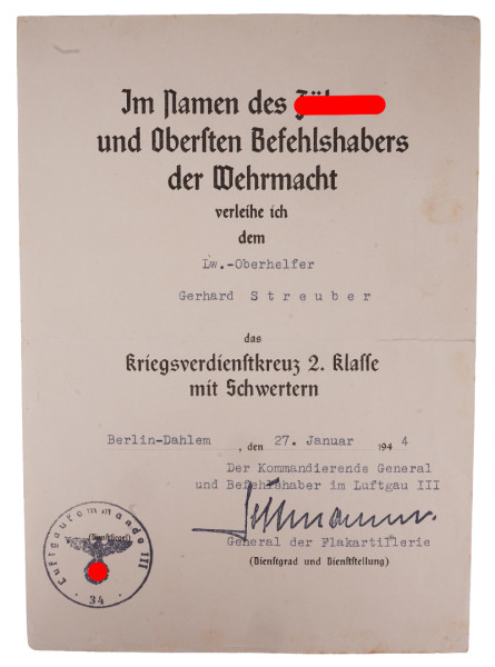 Urkunde Kriegsverdienstkreuz 2. Klasse mit Schwertern Lw. Oberhelfer