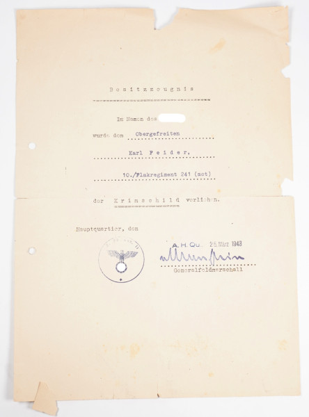 Besitzzeugnis Krimschild Feider 10./Flakregiment 241 (mot)