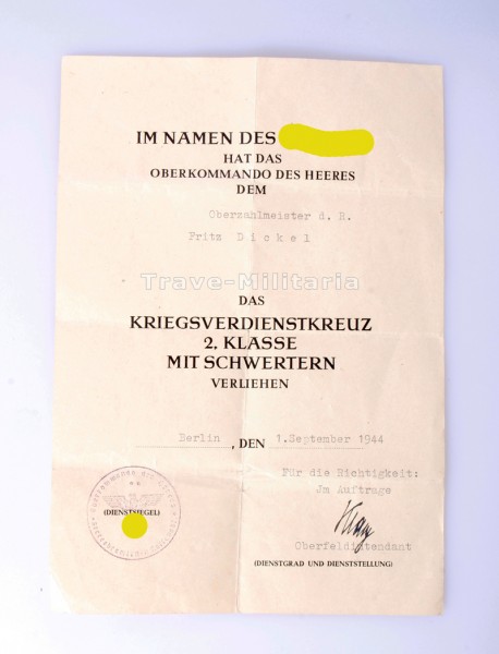 Urkunde Kriegsverdienstkreuz 2.Klasse mit Schwertern