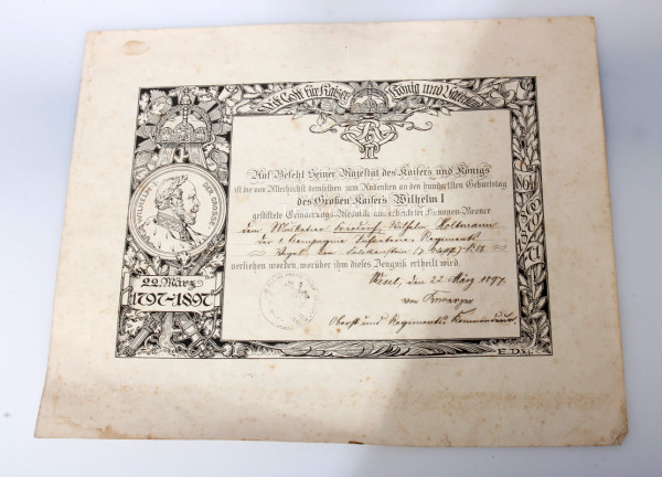 Urkunde Kaiser Wilhelm I. Erinnerungsmedaille 1897