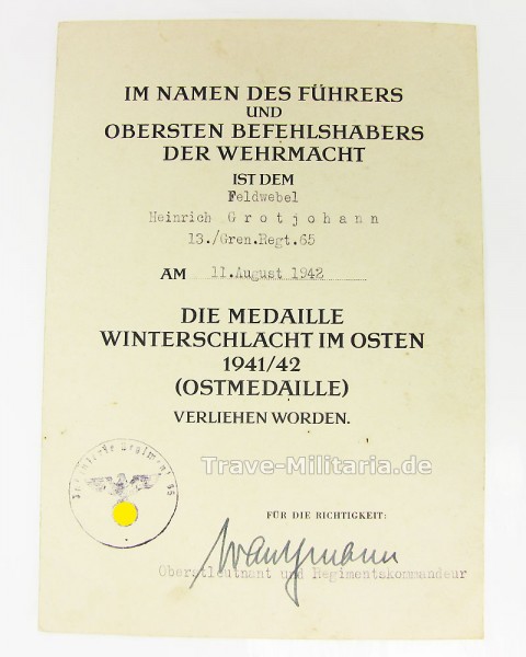 Urkunde zur Medaille Winterschlacht im Osten Grenadier Regiment 65