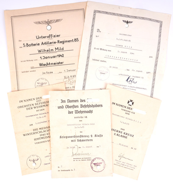 Urkundengruppe Mild Artillerie-Regiment 85 101. Jäger-Division