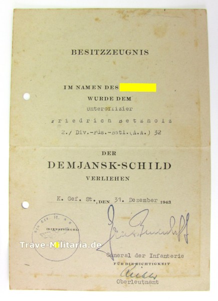 Besitzzeugnis zum Demjansk - Schild