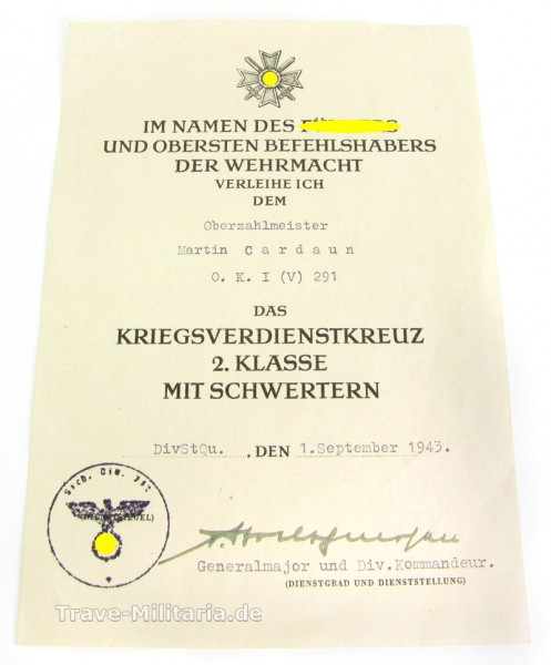 Urkunde zum Kriegsverdienstkreuz 2. Klasse mit Schwertern