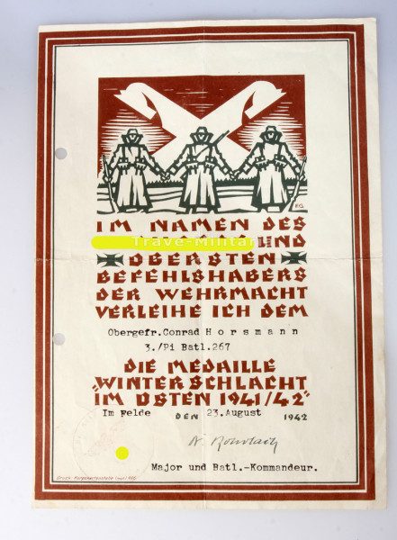 Urkunde Medaille Winterschlacht im osten 1941/42 Horsmann Pi.Batl.267