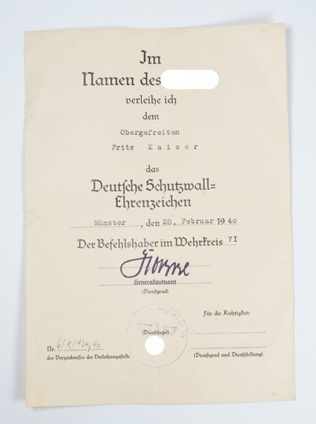 Urkunde Deutsches Schutzwall-Ehrenzeichen Kaiser I.R.78