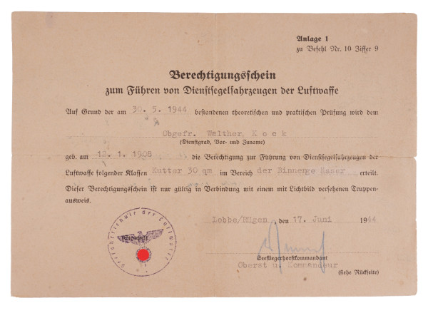 Berechtigungsschein zum Führen von Dienstsegelfahrzeugen der Luftwaffe