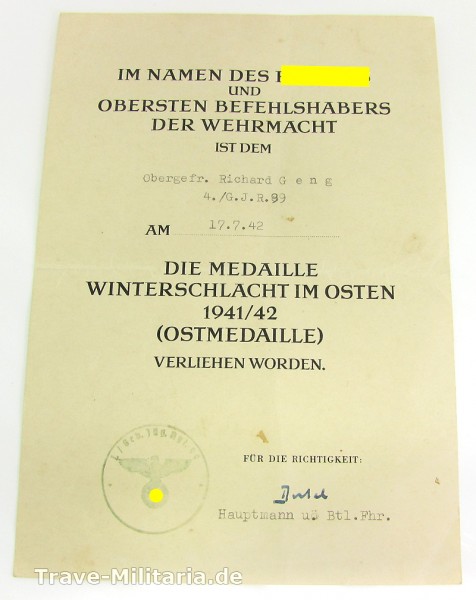 Einzelurkunde Medaille Winterschlacht im Osten an Gebirgsjäger G.J.R. 99