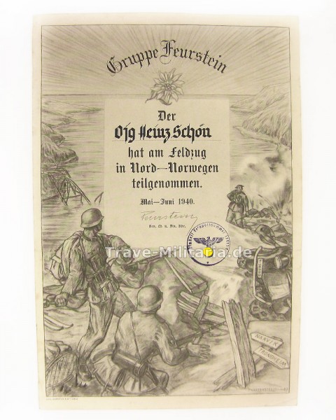 Urkunde Gruppe Feurstein Feldzug Nord-Norwegen Oberjäger Schön
