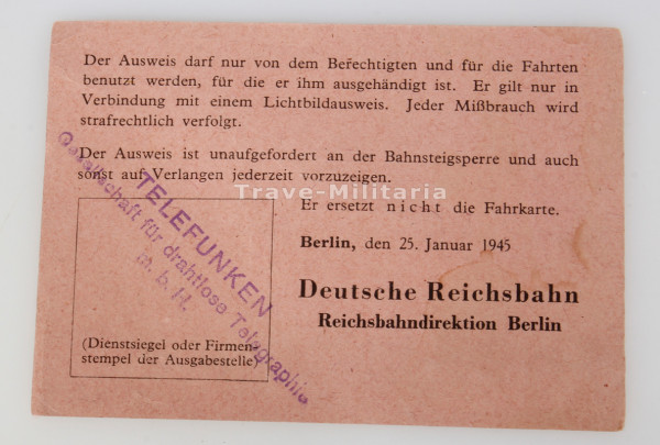 Ausweis zur Benutzung der Berliner S-Bahn 1945