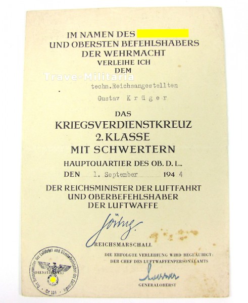 Urkunde Kriegsverdienstkreuz 2. Klasse mit Schwertern Luftwaffe