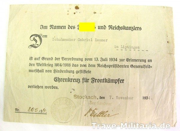 Urkunde zum Ehrenkreuz für Frontkämpfer