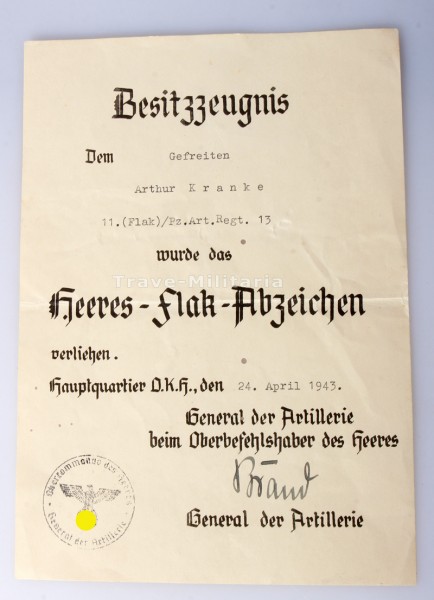 Besitzzeugnis Heeres-Flak-Abzeichen Kranke Pz.Art.Regt. 13