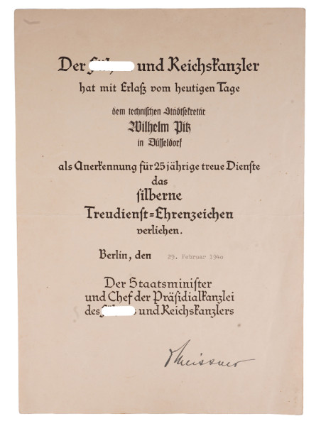 Urkunde silbernes Treudienst-Ehrenzeichen Pitz Düsseldorf