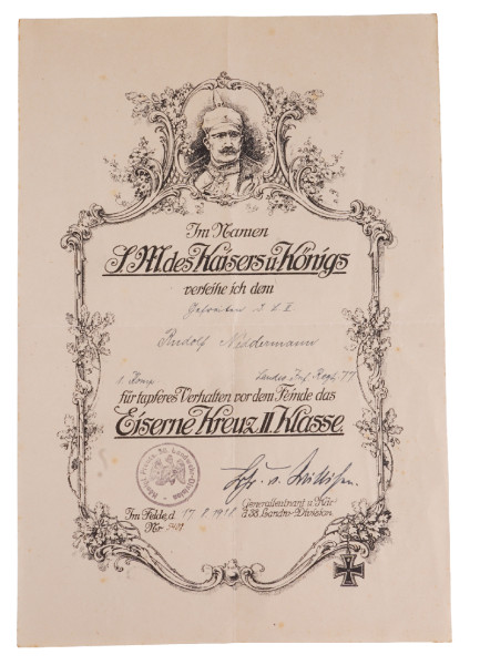 Urkunde Eisernes Kreuz 2. Klasse Neddermann Landw. Inf. Regt. 77