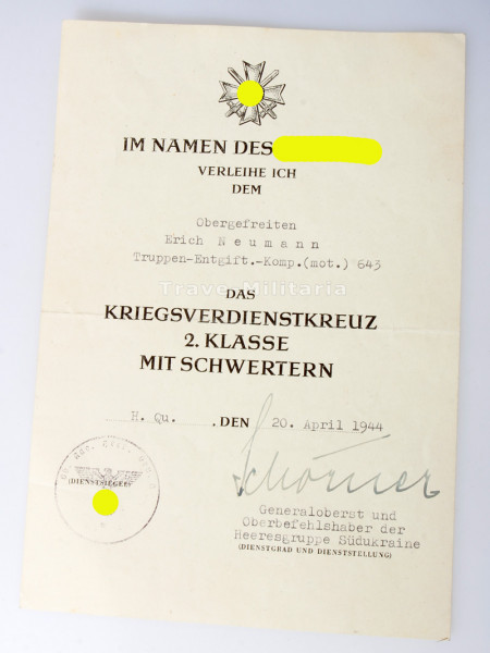 Urkunde Kriegsverdienstkreuz 2. Klasse mit Schwertern Neumann