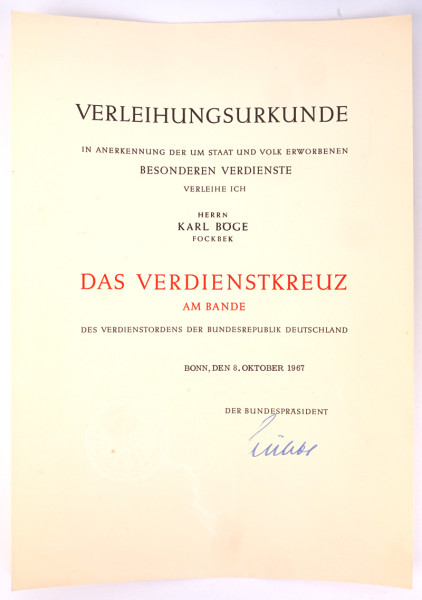 Urkunde Bundesverdienstkreuz am Bande Karl Böge Fockbek