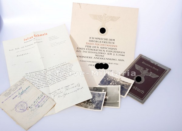 Nachlass mit Anerkennungsurkunde Abschuss feindliches Flugzeug - sehr selten