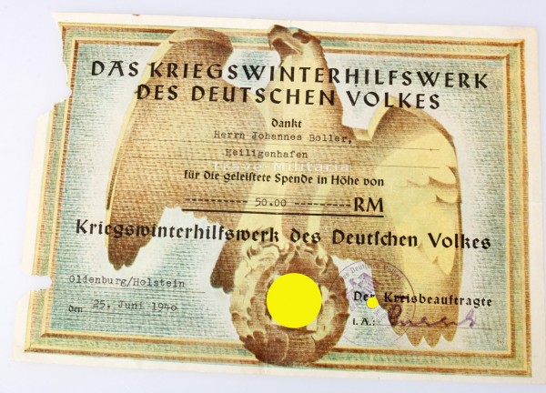 Kriegswinterhilfswerk Spendenbescheinigung Boller Heiligenhafen