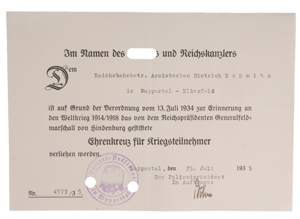 Urkunde Ehrenkreuz für Kriegsteilnehmer Schmitz