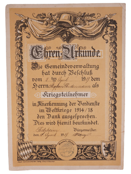 Ehren-Urkunde für Kriegsteilnehmer im Weltkrieg 1914/18