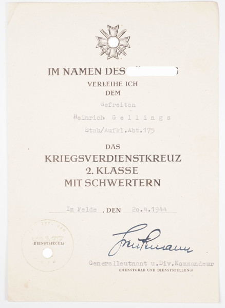 Urkunde Kriegsverdienstkreuz 2.Klasse mit Schwertern Gellings A.A.175