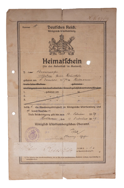 Deutsches Reich-Königreich Württemberg Heimatschein Reuschle