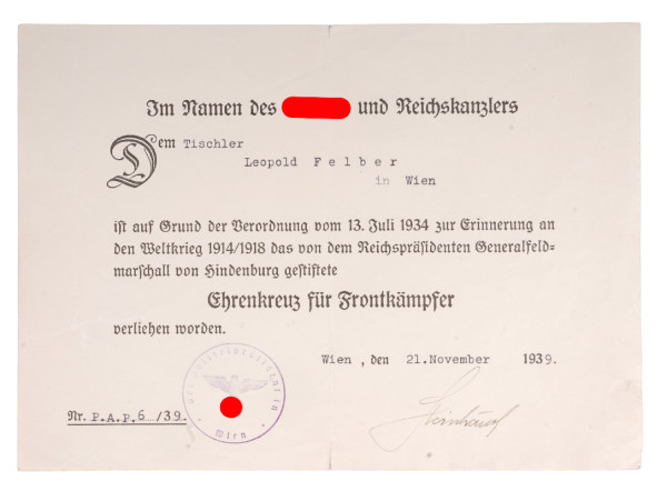 Urkunde Ehrenkreuz für Frontkämpfer Felber in Wien