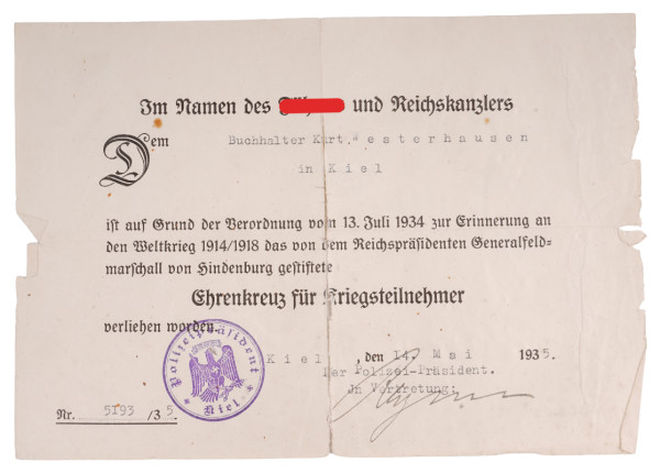 Urkunde Ehrenkreuz für Kriegsteilnehme Westerhausen Kiel