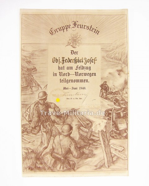 Urkunde Gruppe Feurstein Feldzug Nord-Norwegen Oberjäger Federspiel