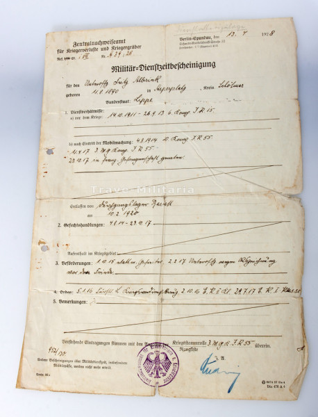 Militär-Dienstzeitbescheinigung Albrink I.R.15
