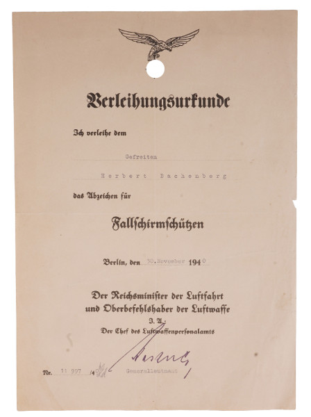 Urkunde Fallschirmschützenabzeichen Bachenberg