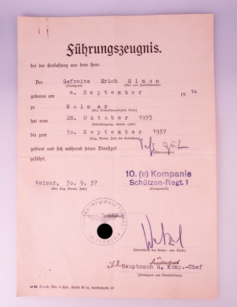 Führungszeugnis Simon 10.(s.) Komp.Schützen-Regt. 1