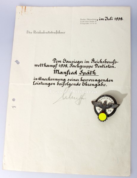 Gausieger 1938 und Anerkennungsschreiben für Manfred Späth