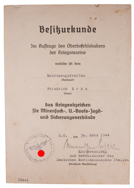 Urkunde Kriegsabzeichen für Minensuch,-U-Boots-Jagd- u. Sicherungsverbände