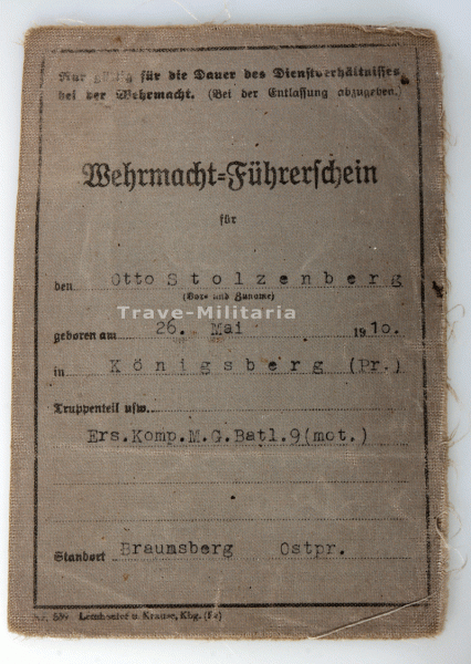 Wehrmacht Führerschein Stolzenberg Ers.Komp.M.G.Batl.9 (mot.)