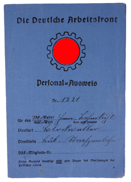 Die Deutsche Arbeitsfront Personal-Ausweis Lehmkuhl Lübeck