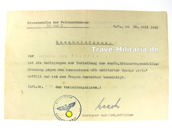 Bescheinigung über Verleihung der rumänischen Erinnerungsmedaille mit Spange "Krim"