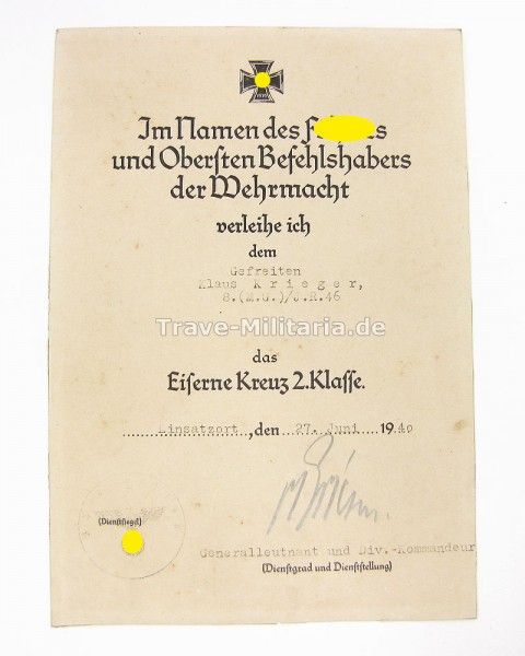 Urkunde zum Eisernen Kreuz 2. Klasse Frankreichfeldzug 30. ID