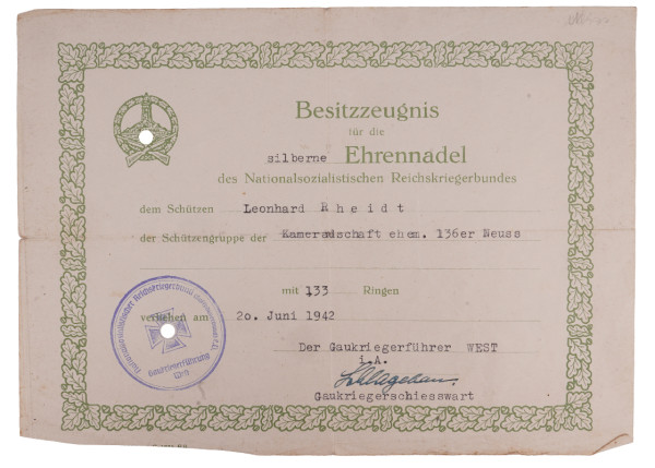 Besitzzeugnis silberne Ehrennadel des NSRK Rheidt