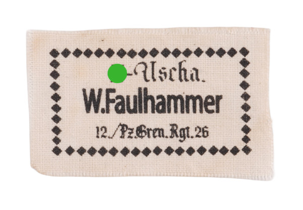 Kleideretikett SS-Uscha W. Faulhaber 12./Pz.Gren.Rgt.26