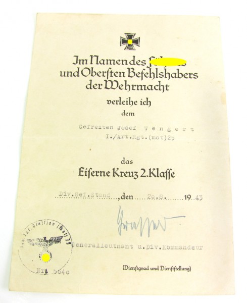 Urkunde zum EK 2 Art.Rgt.(mot) 25