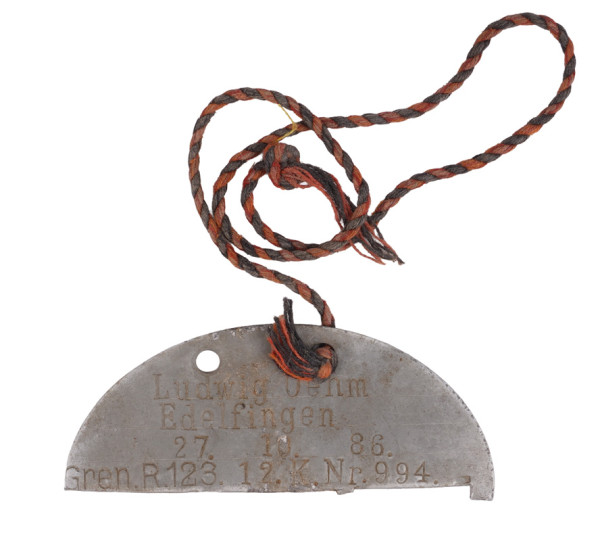 halbe Erkennungsmarke Ludwig Oehwn Edelfingen Gren. Regt. 123