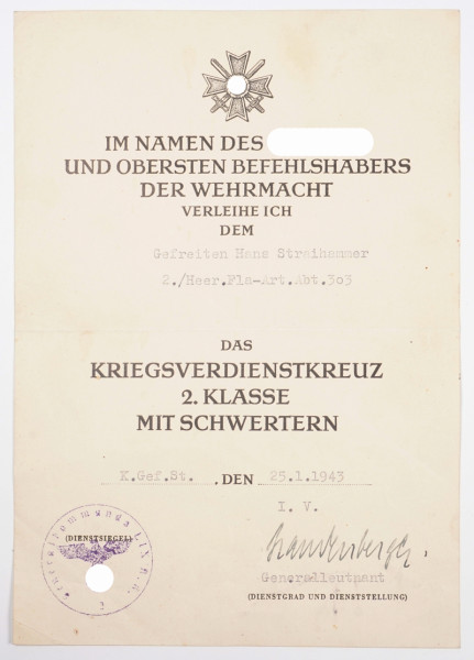Urkunde Kriegsverdienstkreuz 2.Klasse mit Schwertern Straihammer
