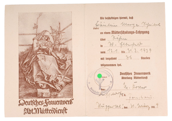 Bescheinigung Mutterschulungs-Lehrgang 1939 Deutsches Frauenwerk