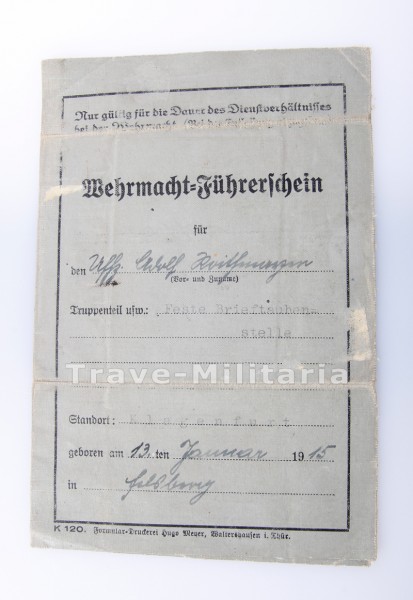 Wehrmacht-Führerschein "Feste Brieftaubenstelle"