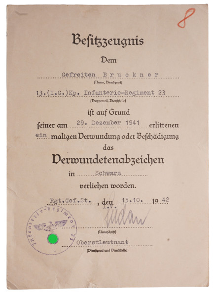 Besitzzeugnis Verwundetenabzeichen in Schwarz Bruckner Inf. Rgt. 23