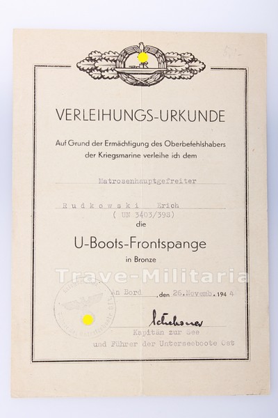 Verleihungsurkunde zur U-Boots-Frontspange in Bronze