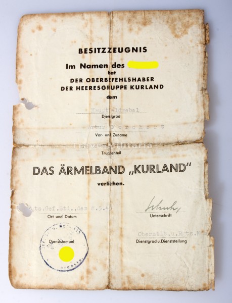 Besitzzeugnis Ärmelband Kurland Hauptfeldwebel Forchert